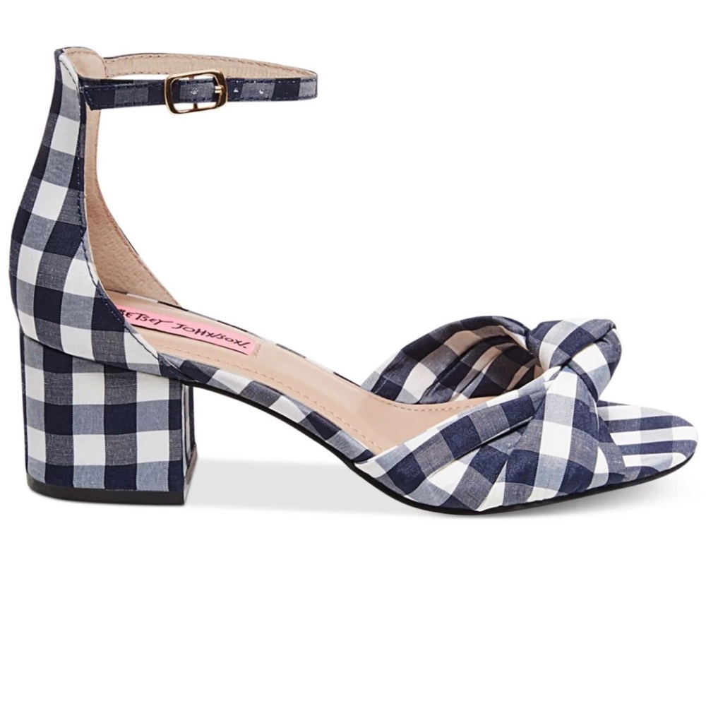 Betsey Johnson Navy and White Gingham Ankle-Strap Block Heel Sandal